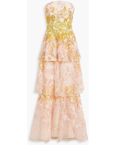 Marchesa Strapless Tiered Embroidered Tulle Gown - Pink