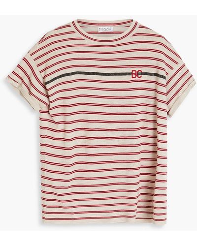 Brunello Cucinelli Embellished Striped Wool And Cashmere-blend T-shirt - Red