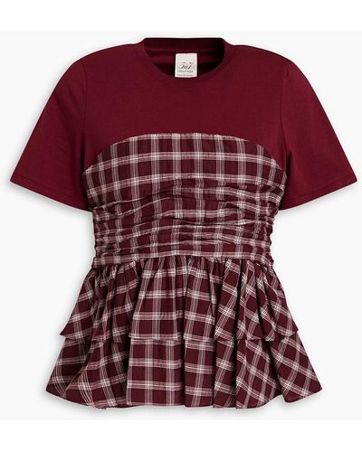 Cinq À Sept Vica Stretch-cotton Jersey-paneled Checked Woven Top - Red