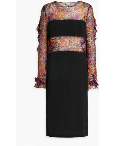 Dries Van Noten Ruffled Floral-print Georgette-paneled Silk-blend Crepe Dress - Black