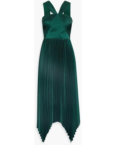 THEIA Eleanora Asymmetric Pleated Satin Midi Dress - Green