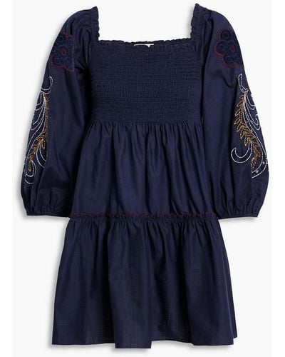 Sachin & Babi Lola Shirred Embroidered Cotton Mini Dress - Blue