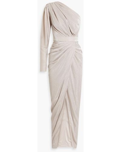 Rhea Costa One-sleeve Draped Glittered Jersey Gown - White