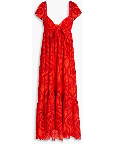 Badgley Mischka Gathered Guipure Lace And Crepe De Chine Gown - Orange