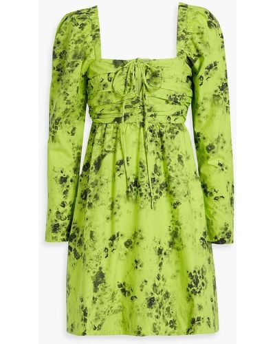 Ganni Ruched Floral-print Cotton-poplin Mini Dress - Green