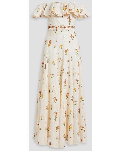 Agua Bendita Oro Clementina Off-the-shoulder Floral-print Linen Maxi Dress - Natural