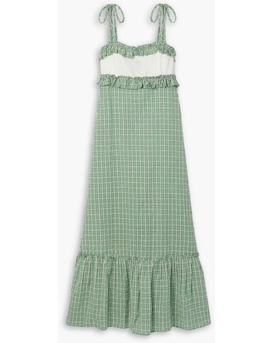 RIXO London Annabel Broderie Anglaise-trimmed Checked Cotton-seersucker Midi Dress - Green