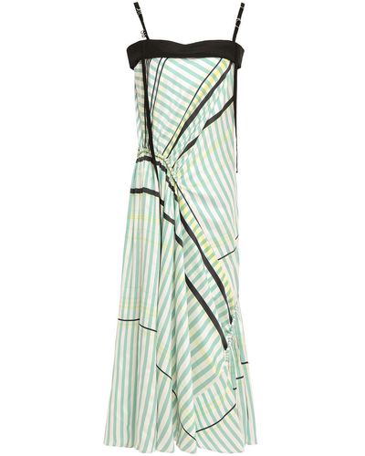 Cedric Charlier Ruched Embellished Striped Twill And Crepe Midi Dress - Green