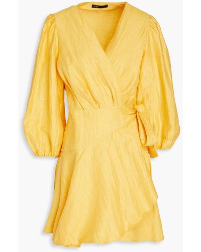 Maje Crinkled Linen-blend Mini Wrap Dress - Yellow