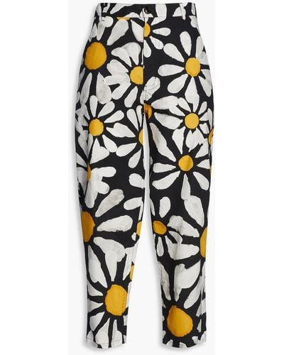 Marni Cropped Floral-print Cotton-poplin Tapered Pants - White