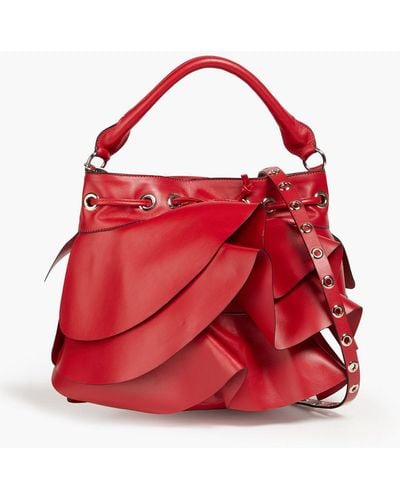 Red(V) Tie Leather Bucket Bag - Red