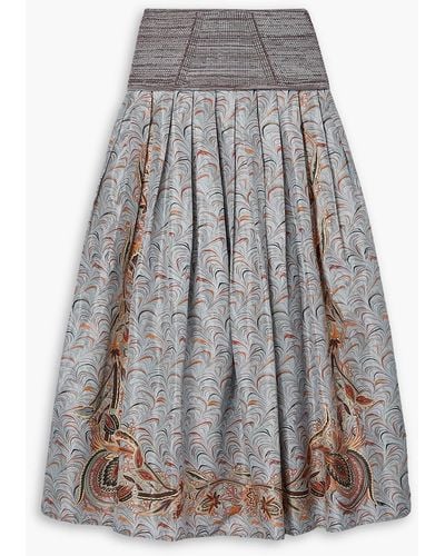 Ulla Johnson Lena Pleated Printed Taffeta And Mouline Ribbed-knit Skirt - Grey