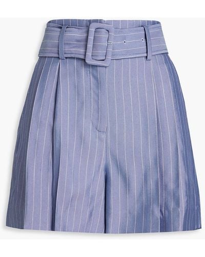 Sandro Artis Belted Pleated Striped Twill Shorts - Blue