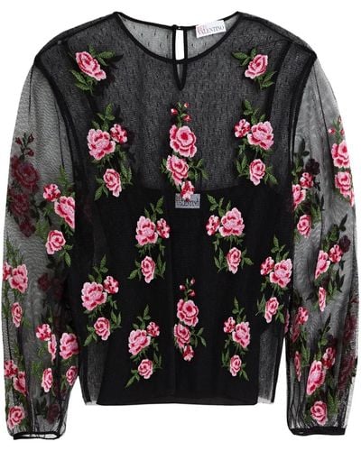 RED Valentino Embroidered Point D'esprit Blouse - Black