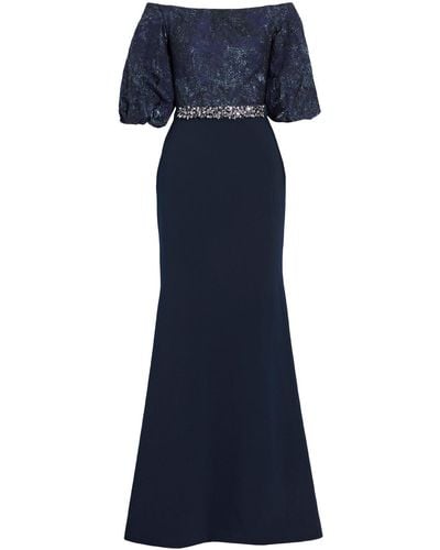 THEIA Off-the-shoulder Embellished Lamé And Crepe Gown - Blue