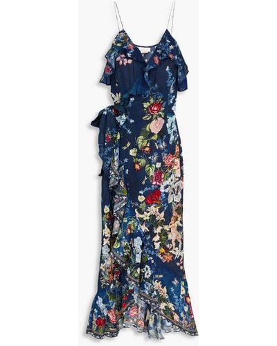 Camilla Embellished Ruffled Floral-print Silk Crepe De Chine Maxi Dress - Blue