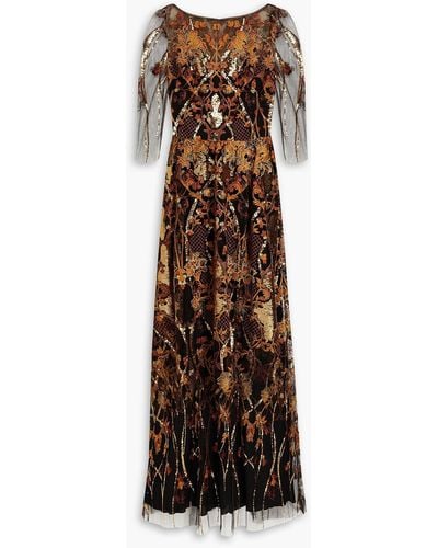 Marchesa Sequin-embellished Embroidered Tulle Gown - Brown