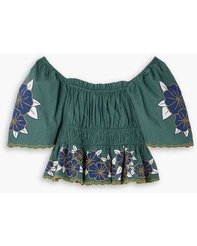 The Great The Wanderlust Off-the-shoulder Shirred Embroidered Cotton Blouse - Green