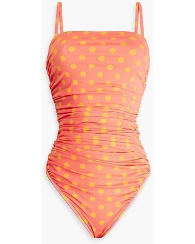 Caroline Constas Sabrina Ruched Polka-dot Swimsuit - Orange