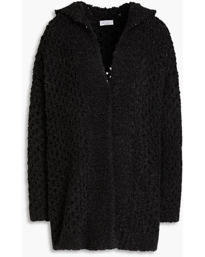 Brunello Cucinelli Open-knit Camel Wool And Silk-blend Hooded Cardigan - Black