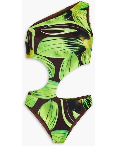 Louisa Ballou One-shoulder Cutout Printed Swimsuit - Green