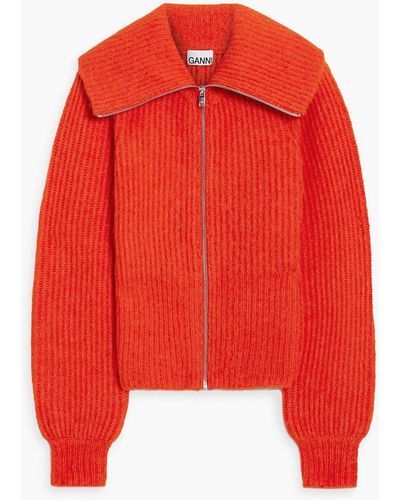 Ganni Brushed Ribbed-knit Zip-up Jumper - Red