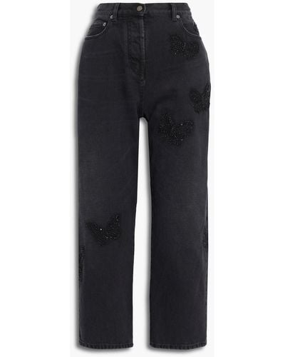 Valentino Garavani Cropped Embellished High-rise Straight-leg Jeans - Black