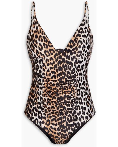 Ganni Ruched Leopard-print Swimsuit - Multicolour