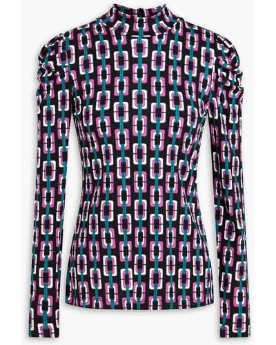 Diane von Furstenberg Doha Ruched Printed Lyocell And Wool-blend Jersey Turtleneck Top - Blue