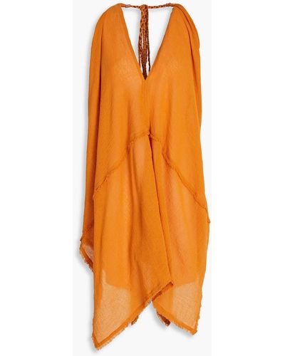 Caravana Alchick wandelbares neckholder-kleid aus baumwollgaze mit lederbesatz - Orange