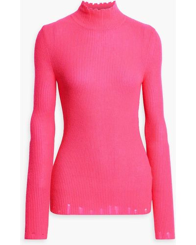 Les Rêveries Distressed Neon Ribbed Cashmere Turtleneck Sweater - Pink