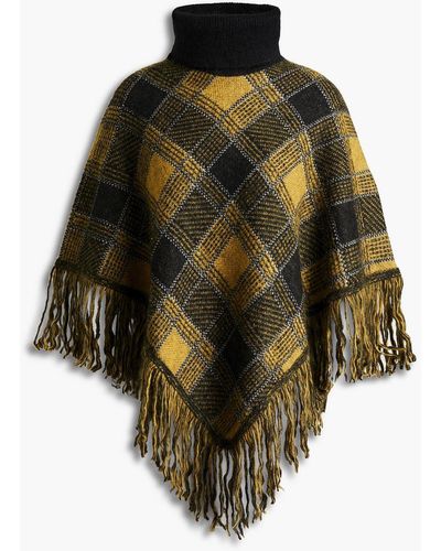 RED Valentino Fringed Checked Knitted Poncho - Yellow