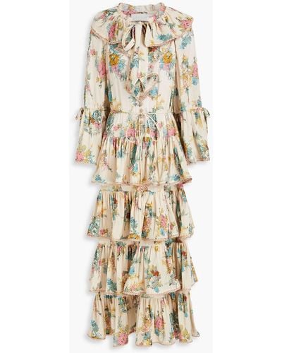 Zimmermann Tiered Floral-print Cotton-blend Crepon Maxi Dress - Natural