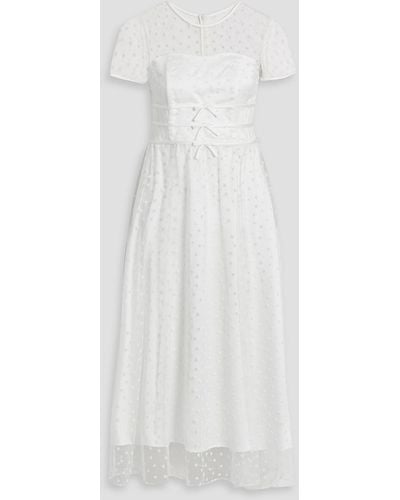 HVN Scarlett Bow-detailed Flocked Tulle Midi Dress - White