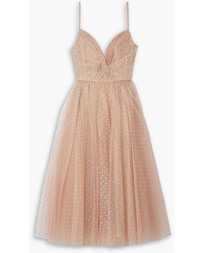 Monique Lhuillier Gathered Glittered Tulle Midi Dress - Natural