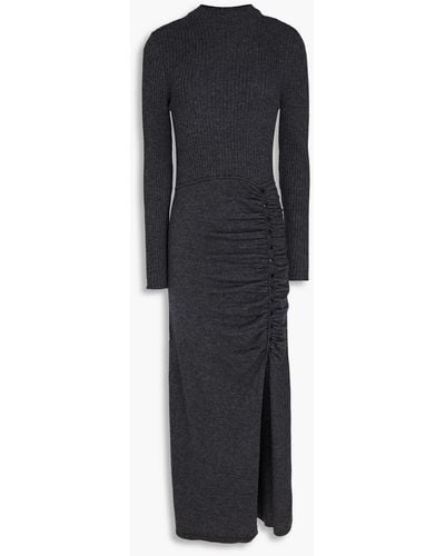 Sandro Ruched Ribbed Wool-blend Midi Dress - Black