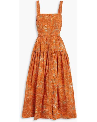 Ulla Johnson Isabela Tiered Printed Cotton-poplin Midi Dress - Orange