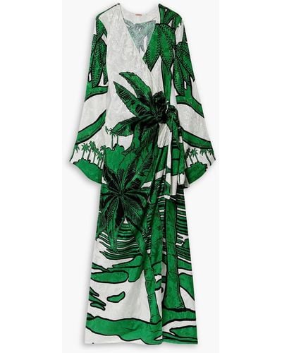 Johanna Ortiz Gulf of guinea maxi-wickelkleid aus glänzendem jacquard mit print - Grün