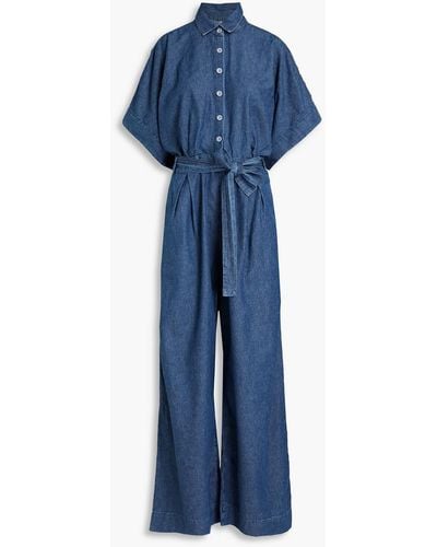 Triarchy Belted Pleated Denim Wide-leg Jumpsuit - Blue