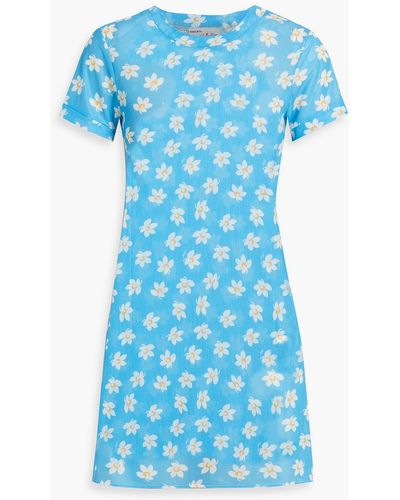 HVN Floral-print Stretch-mesh Mini Dress - Blue