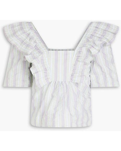 Ganni Ruffled Striped Cotton-blend Mousseline Top - White