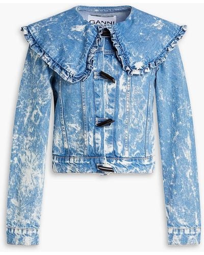 Ganni Ruffled Bleached Denim Jacket - Blue