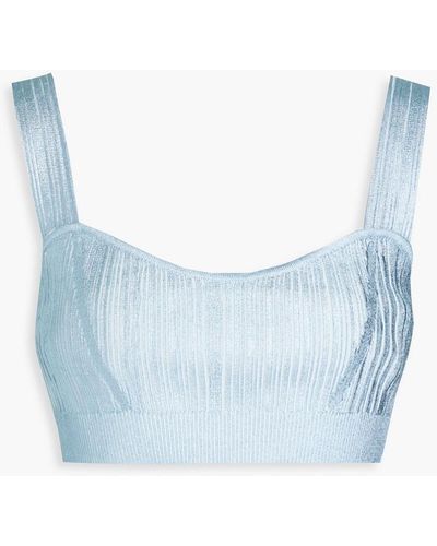 Hervé Léger Cropped Metallic Coated Ribbed-knit Top - Blue