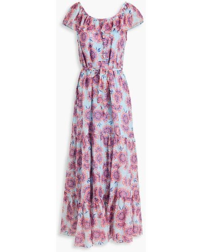 Saloni Cassie Ruffled Floral-print Cotton And Silk-blend Voile Maxi Dress - Purple