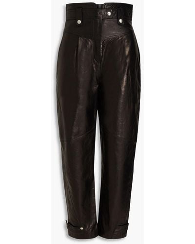 IRO Cropped Pleated Crinkled-leather Tapered Pants - Black