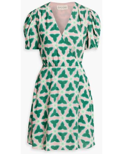 Saloni Lea Floral-print Ecoverotm-blend Crepe Mini Wrap Dress - Green