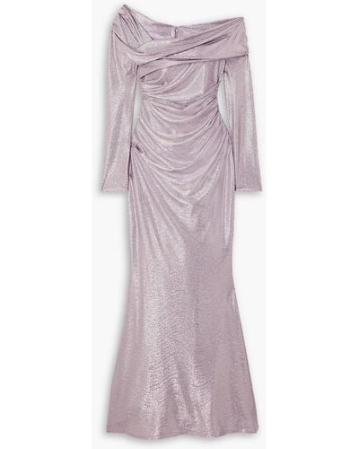 Talbot Runhof Off-the-shoulder Draped Metallic Woven Gown - Purple