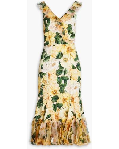 Dolce & Gabbana Organza-trimmed Ruffled Floral-print Silk-blend Midi Dress - Metallic