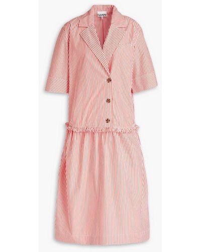 Ganni Gathered Striped Cotton-poplin Midi Shirt Dress - Pink