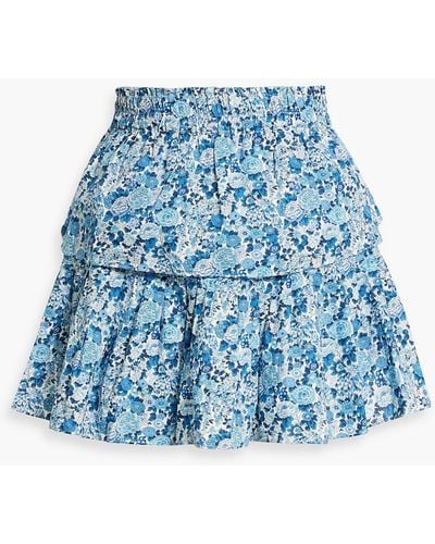 LoveShackFancy Tiered Ruffled Floral-print Cotton Mini Skirt - Blue